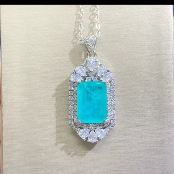 Gorgeous square cut tourmaline 4.9CT lab created pendant silver necklace #76 - Picture 1 of 9